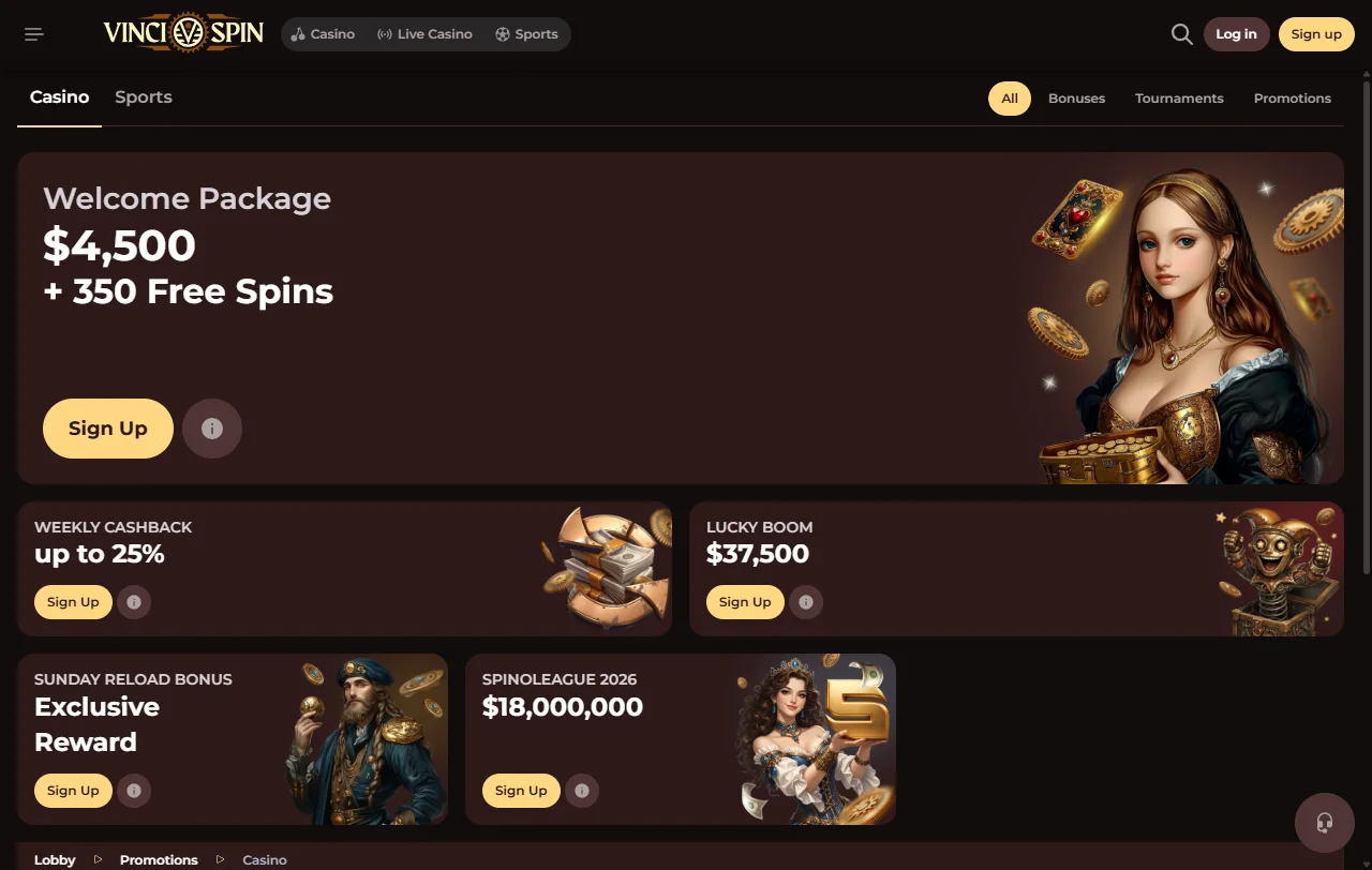 VinciSpin Casino game selection spanning 4,000+ pokies and table games from top providers