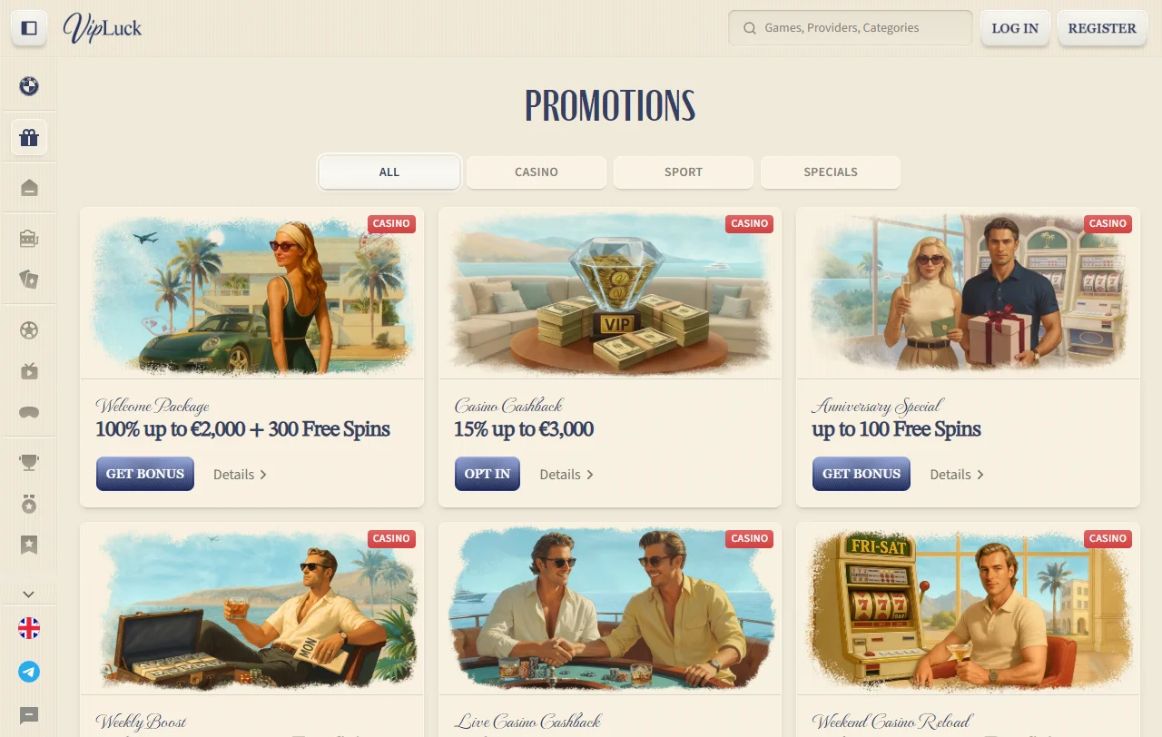 Game selection featuring Pragmatic Play, Evolution Gaming, and Hacksaw Gaming titles at VipLuck Casino