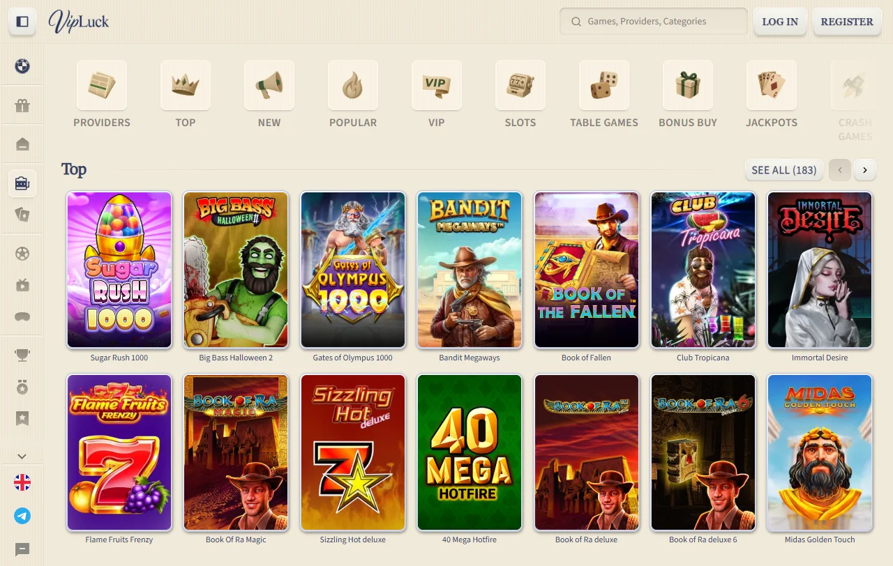 Welcome bonus package offering approximately 100% up to AUD 500 plus free spins at VipLuck Casino