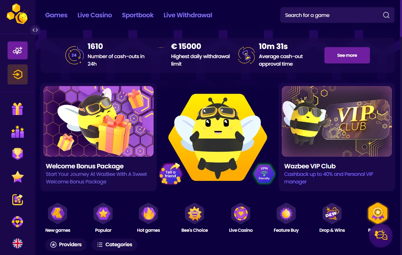 Complete Wazbee Casino review platform overview showing main gaming interface and navigation