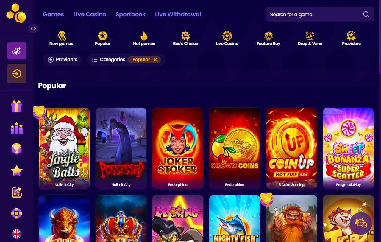 Wazbee Casino game library displaying slots, table games and live dealer offerings from multiple providers