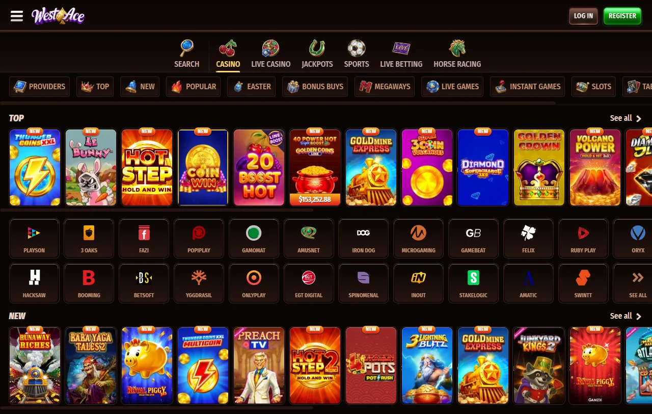 Westace Casino platform overview showing game lobby and main navigation interface