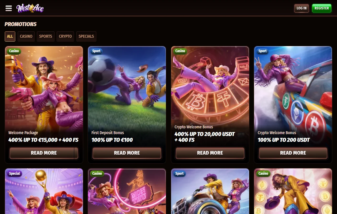 Welcome bonus promotion and ongoing offers displayed on Westace Casino homepage