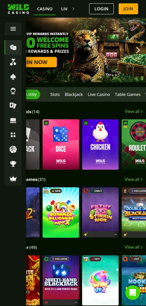 Wild Casino mobile gaming accessible on iOS and Android devices through responsive browser design