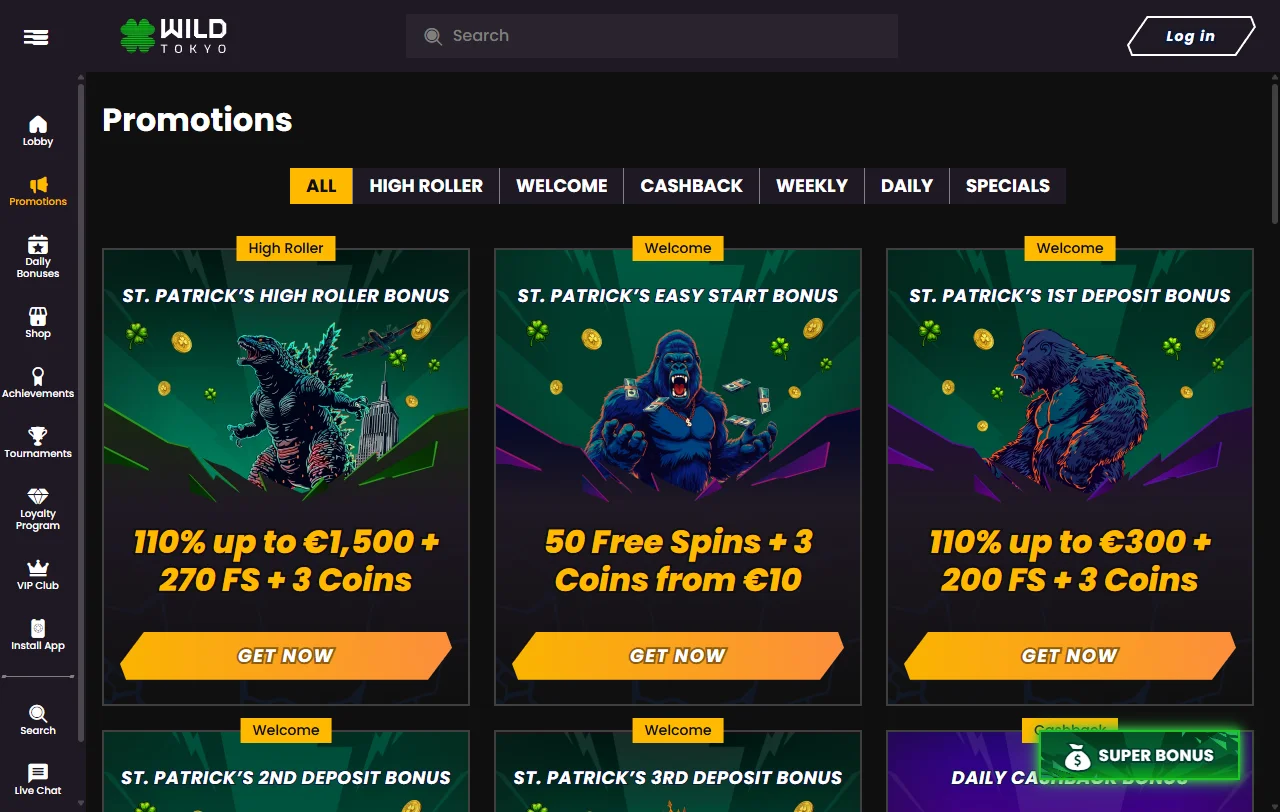 Slots, table games and live dealer offerings at Wild Tokyo Casino displayed across desktop interface