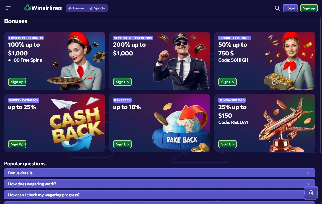 Extensive game library featuring WinAirlines Casino slots and table games from leading software providers