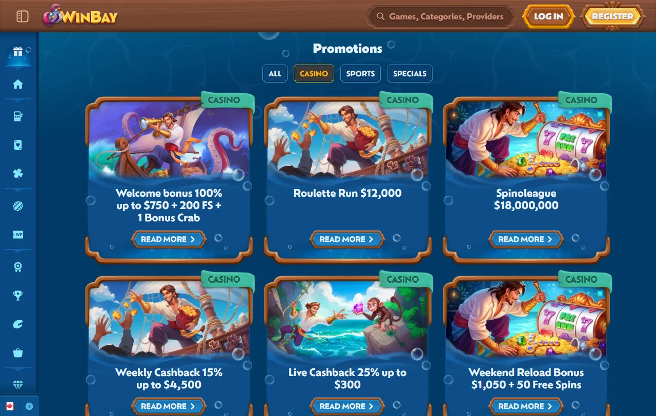 WinBay Casino game library featuring slots, table games and live dealer titles