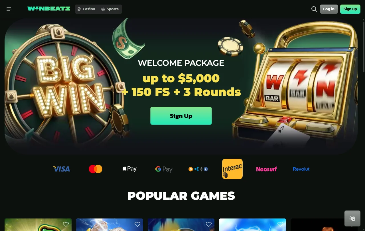 WinBeatz Casino game library featuring slots and live dealer content from multiple providers