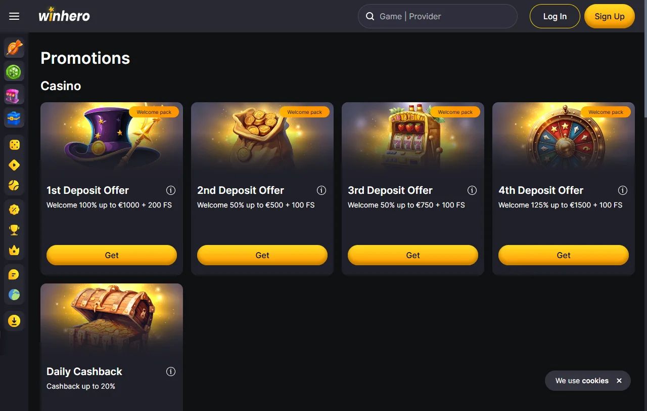 Game selection from 50+ software providers including Pragmatic Play, Evolution Gaming, and Hacksaw Gaming at Winhero Casino