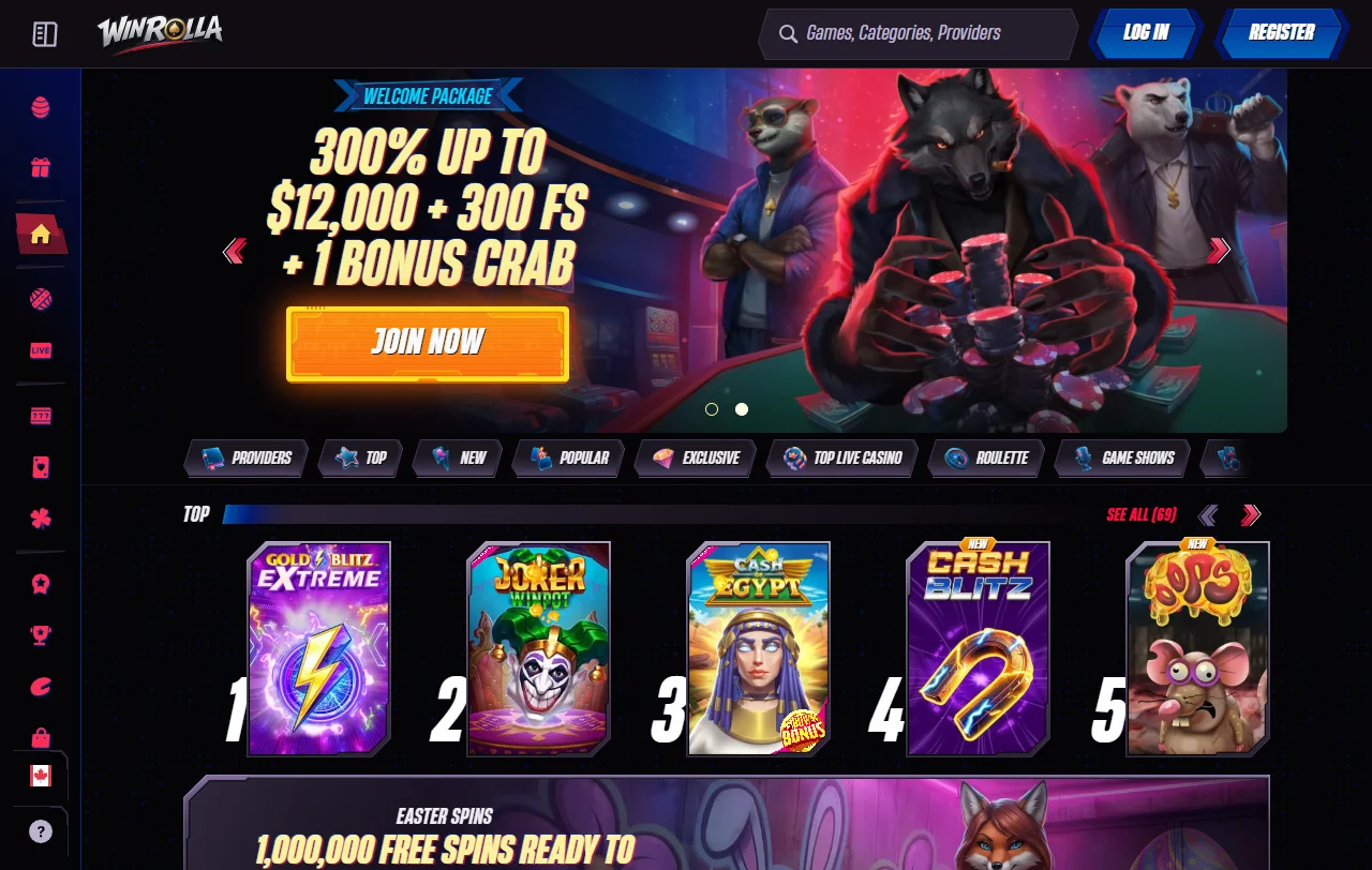 WinRolla Casino desktop interface featuring game lobby with 3,500+ titles and navigation menu for Australian players