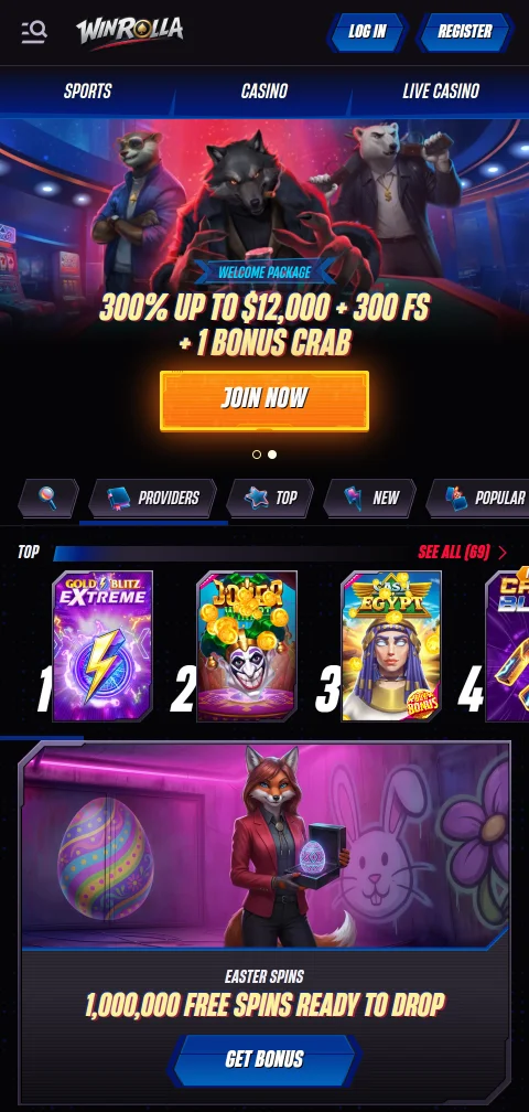 WinRolla Casino mobile browser interface optimised for smartphone gameplay with touch-friendly controls and full game access