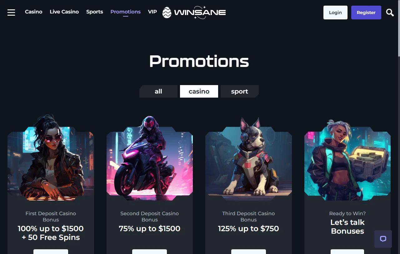 Winsane Casino welcome bonus structure offering approximately AUD 1,000 deposit match and promotional terms
