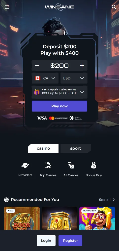 Winsane Casino mobile gaming interface providing full feature access across iOS and Android smartphones