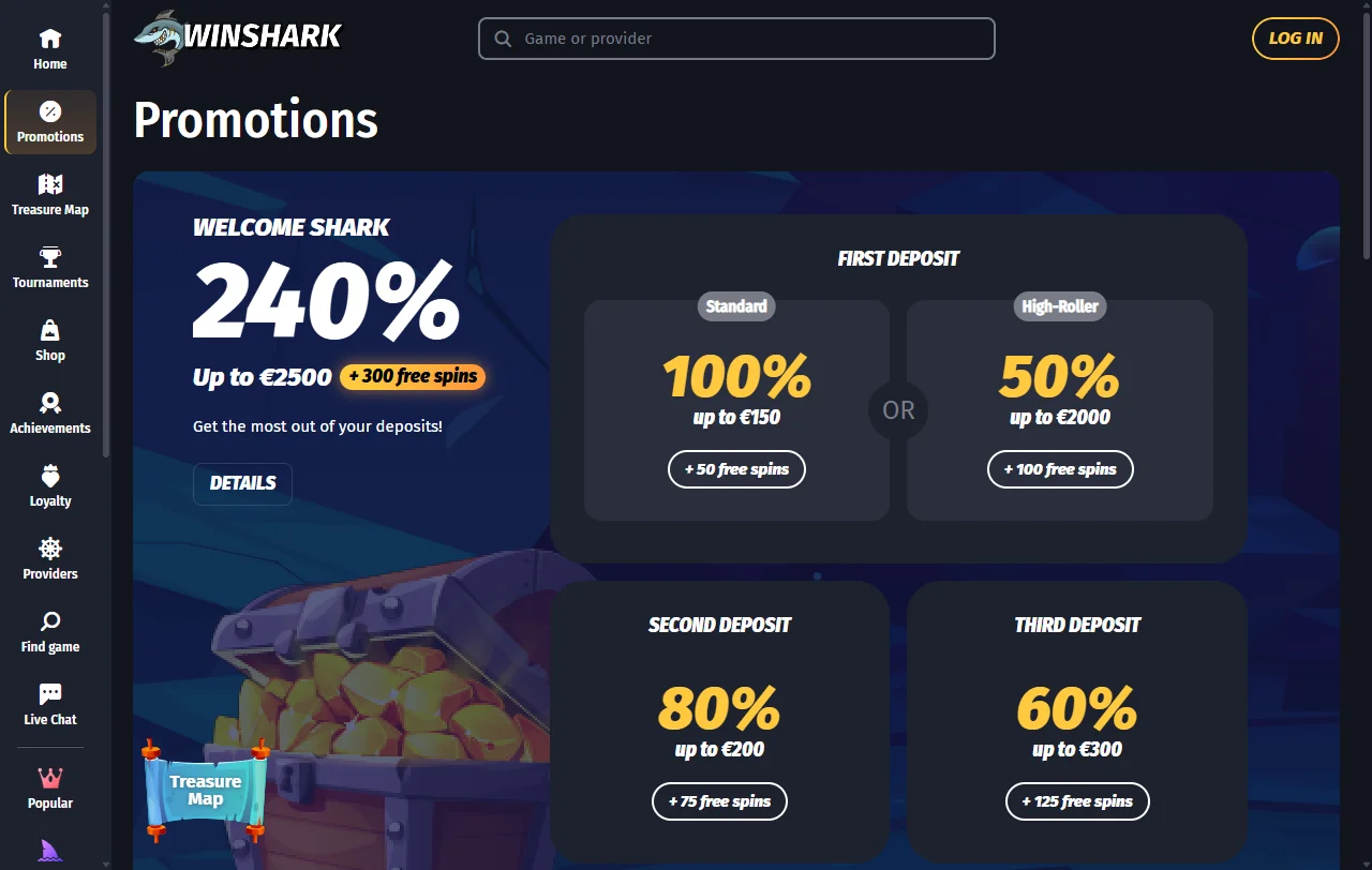 Winshark Casino game library featuring Evolution Gaming, Pragmatic Play, and 50+ software providers