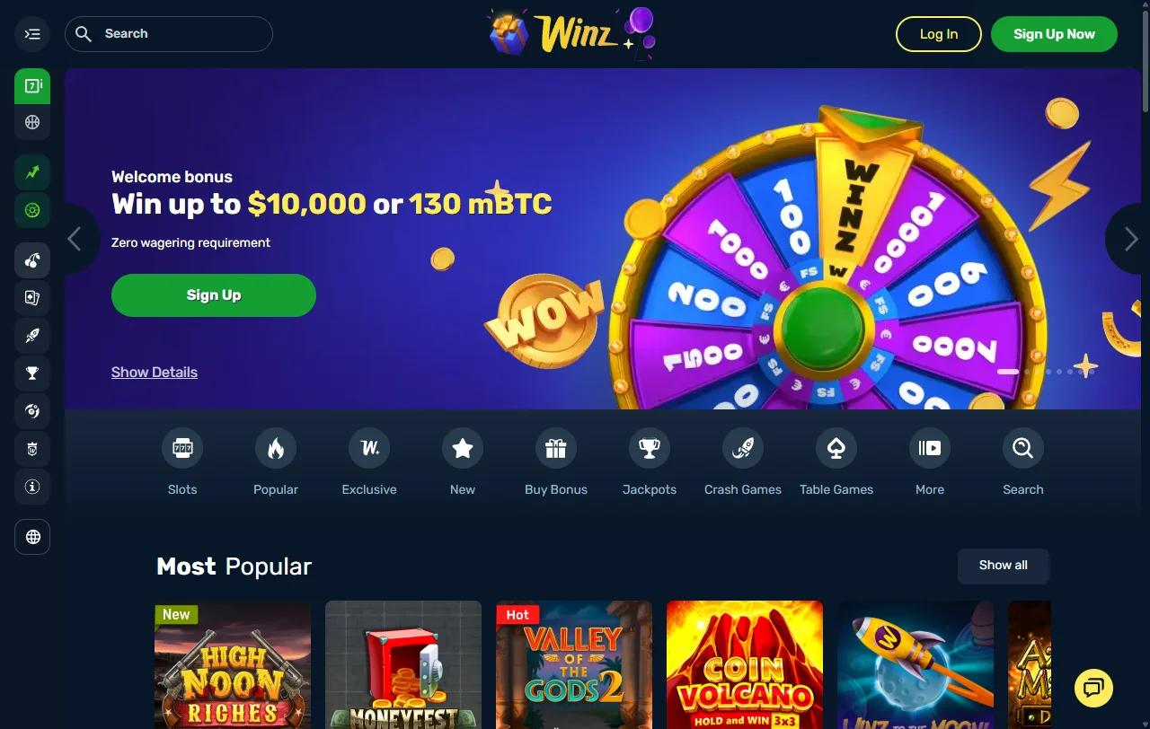 Winz Casino desktop platform interface showing game lobby, navigation menu, and account dashboard overview