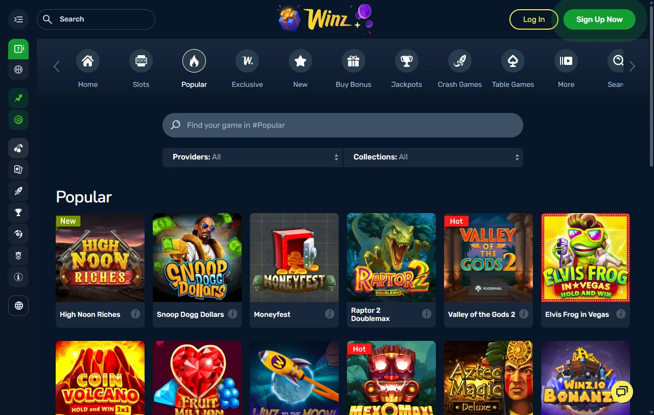 Winz Casino slots and table games selection with provider filters, game thumbnails, and RTP information displayed