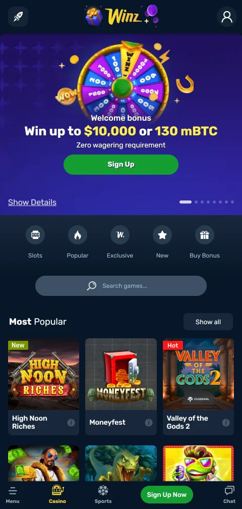 Winz Casino mobile browser gaming experience demonstrating responsive design and touch-optimised controls