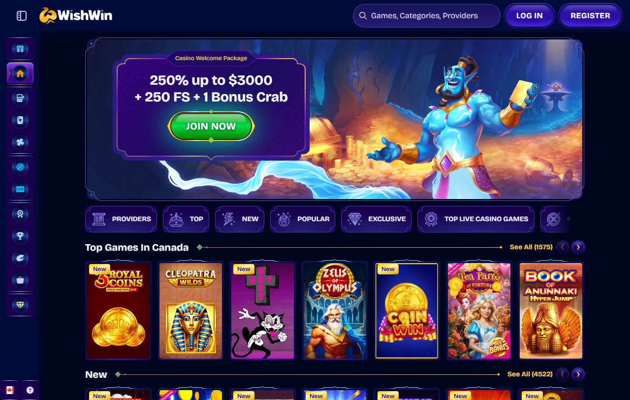 Wishwin Casino desktop review showing comprehensive platform overview with game selection and account features