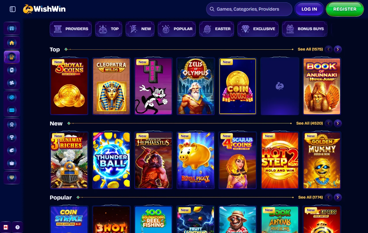 Wishwin Casino slots and live dealer games displayed on desktop interface with provider logos and game thumbnails