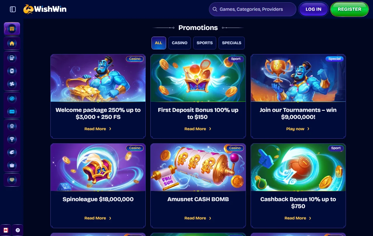 Wishwin Casino welcome bonus and promotional offers visible on desktop platform with deposit options